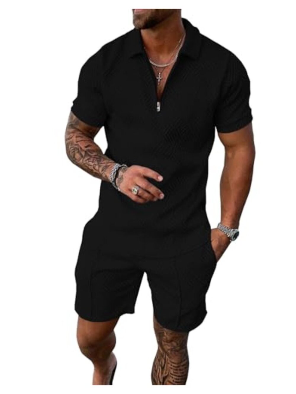 Men's 2 Piece Polo & Shorts Set Quarter Zip Track Suit Golf Casual Polyester